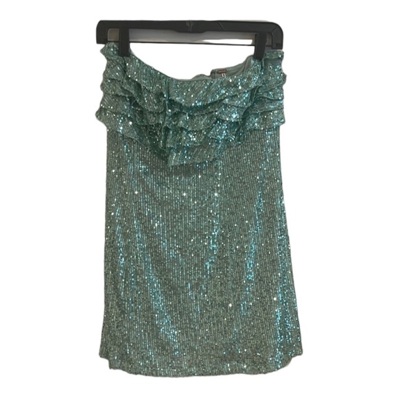 FREE PEOPLE x Revolve Frida Mint Green Sequin Strapless Ruffle Mini Dress US 8 - Picture 6 of 7